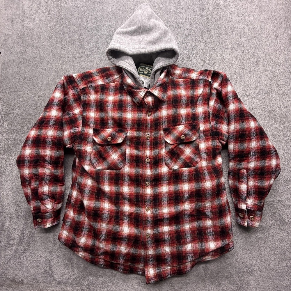 Field & Stream Shirt Jacket‎ Mens Red Plaid Hooded Quilted Flannel Workwear